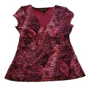 INC Dark Red Snake Print Babydoll Blouse Top Size Medium Cap Sleeve Cyber
